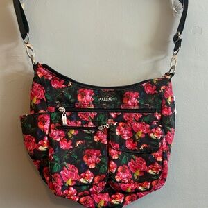 Baggallini Floral Shoulder Bag with Pink and Black Design
